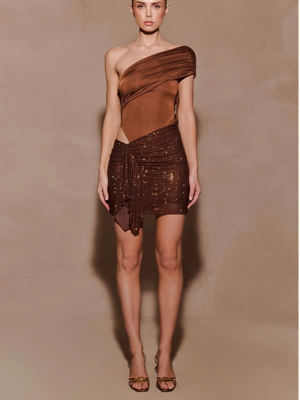 Meshki One-Shoulder Brown Sequin Wrap Mini Dress